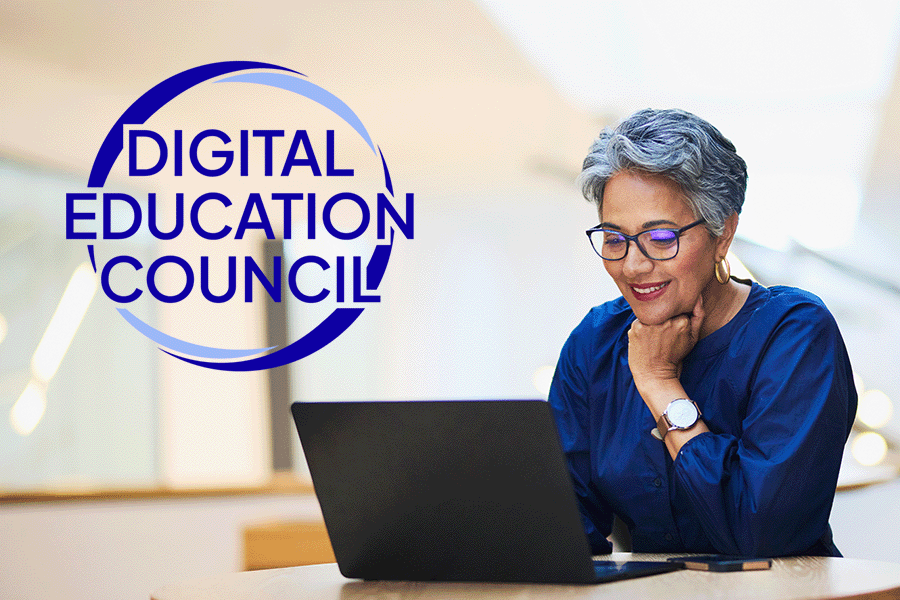 Woman on Laptop with the Digital Education logo displayed to the left