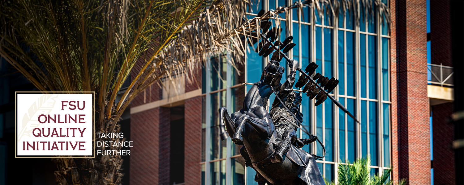 Photo of Chief Osceola statue with FSU Quality Initiative Logo in bottom left corner
