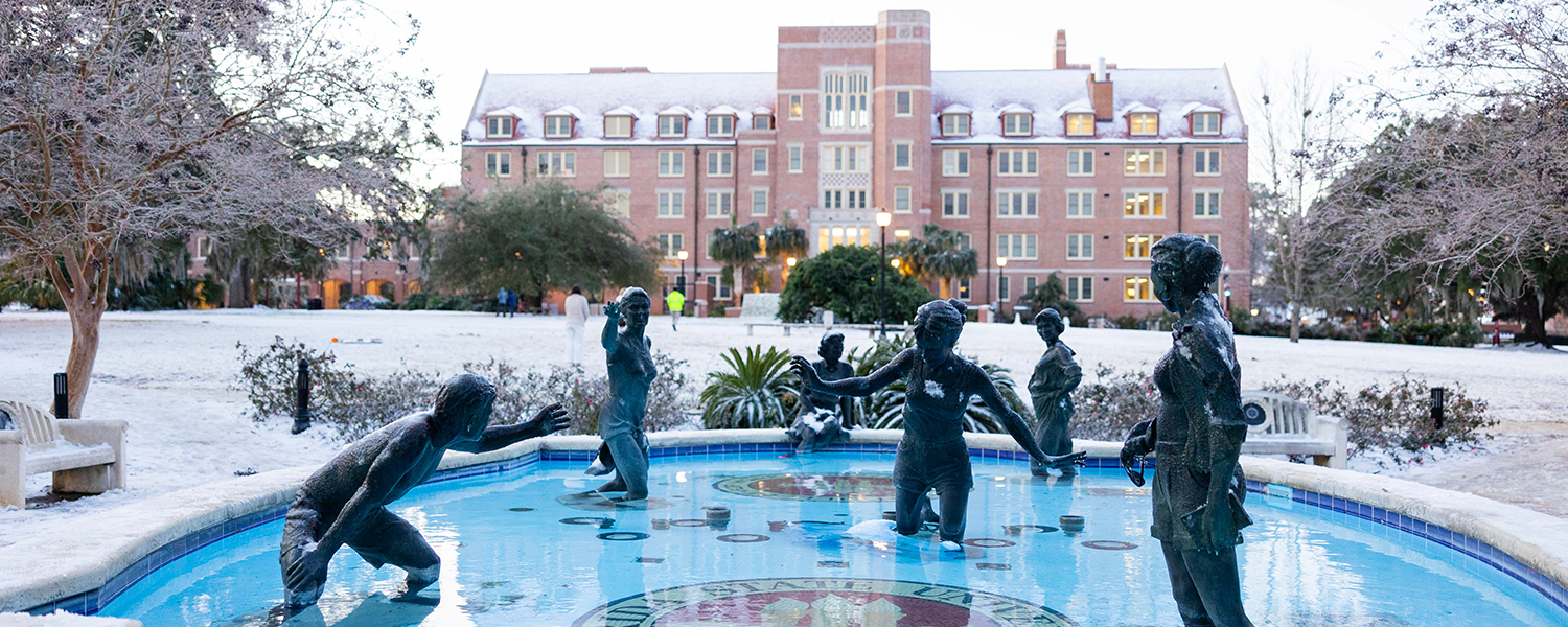 FSU Landis Hall and Fountain covered in snow