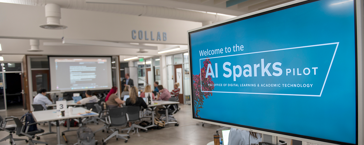 Closeup of welcome sign for the FSU AI Sparks pilot program