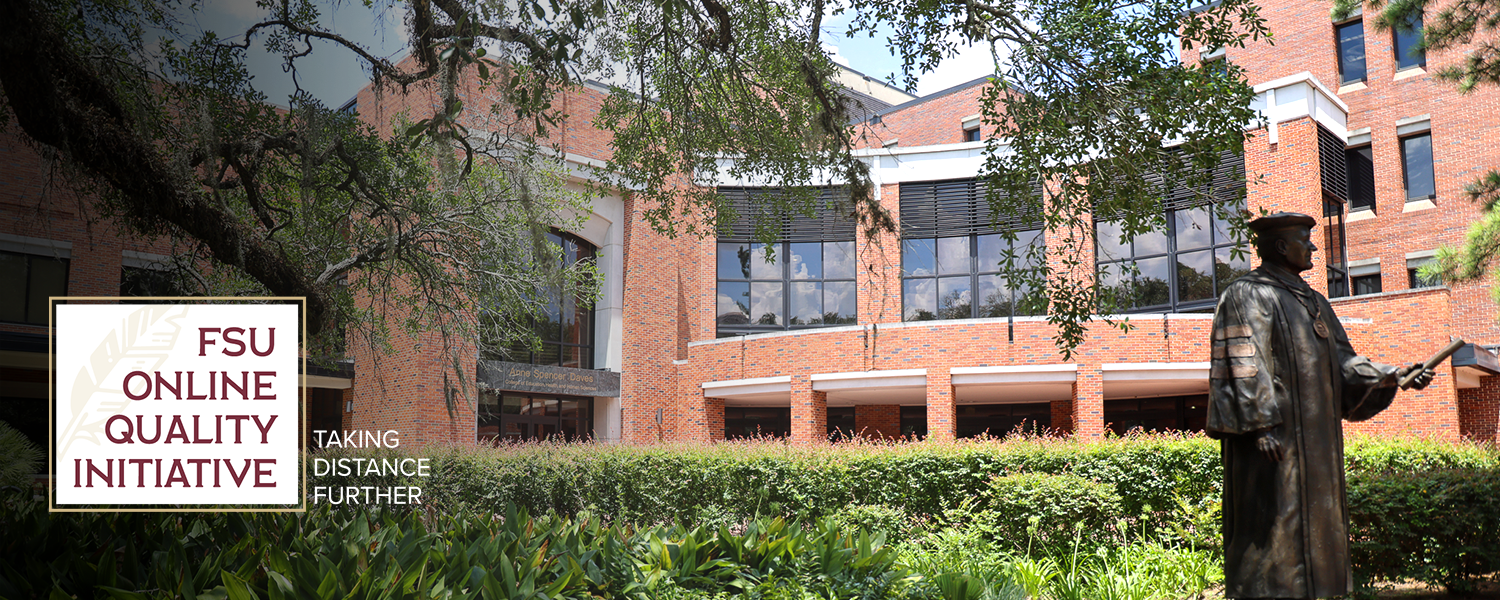 Exterior of FSU Anne's College building and the FSU QI logo in the bottom left corner