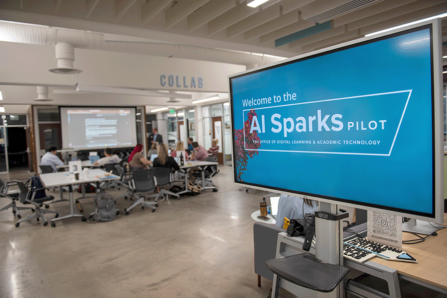 Closeup of welcome sign for the FSU AI Sparks pilot program