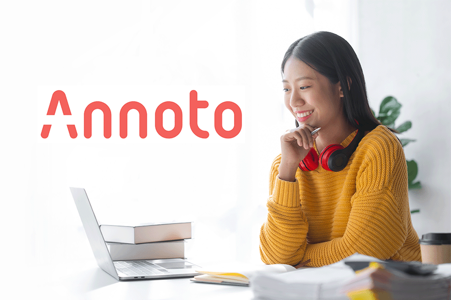 Photo of Instructor on laptop and the Annoto logo