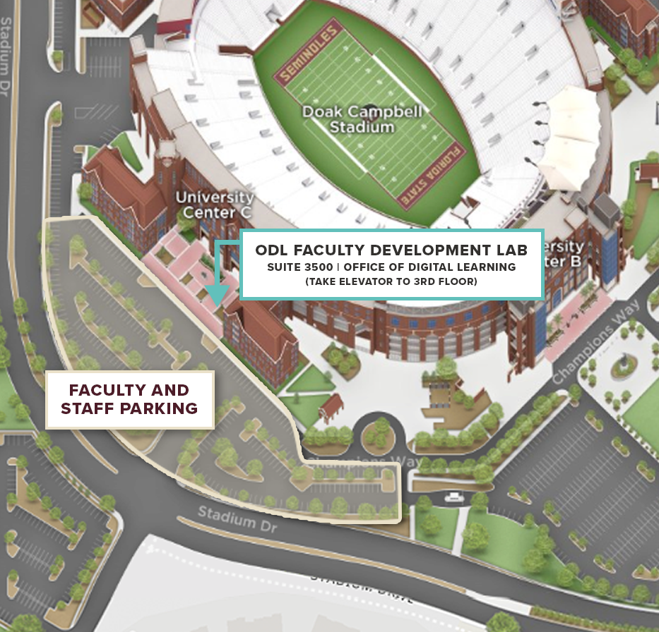 Map of University Center with directions to the ODL Faculty Development Lab