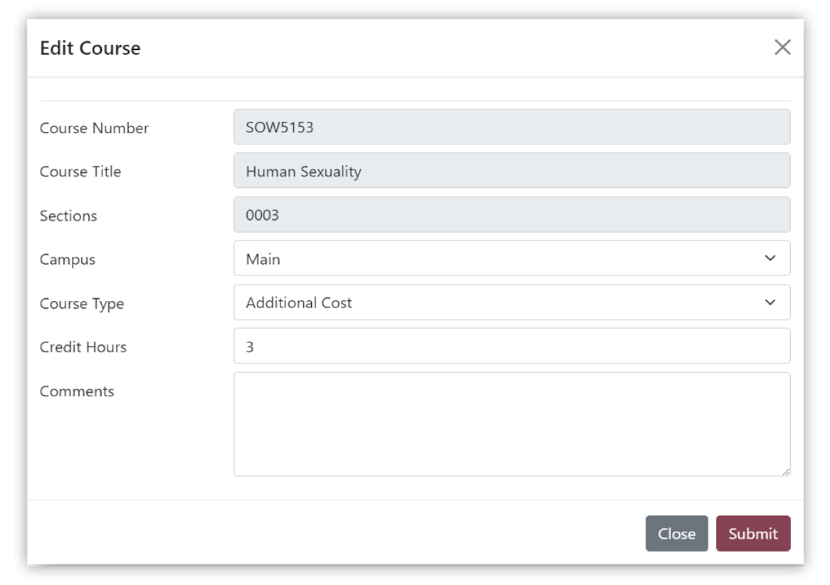 Screenshot of Edit Course menu