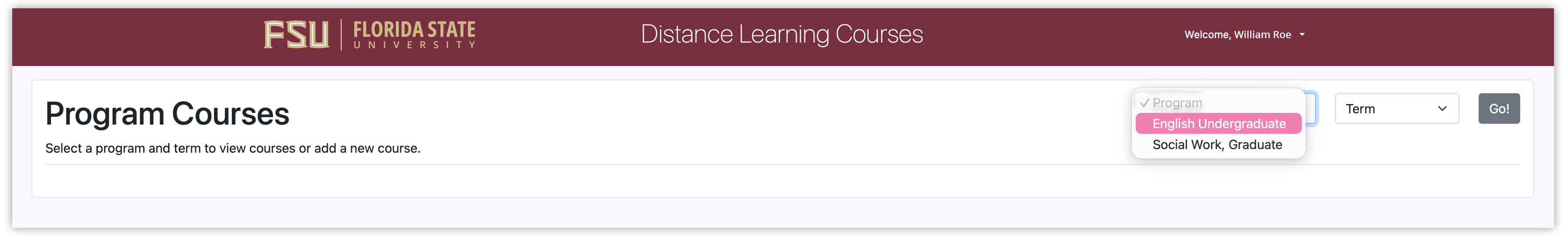 Screenshot of Select Program dropdown menu