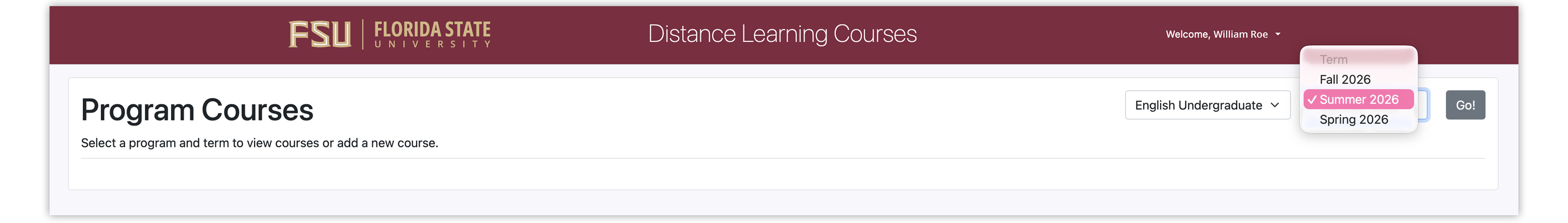 Screenshot of Select Term dropdown menu