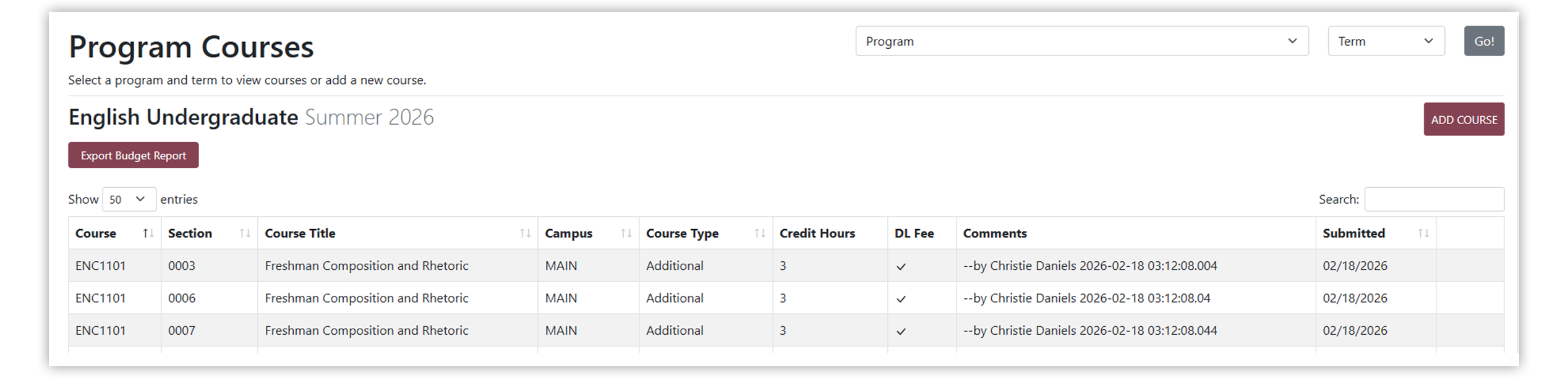 Screenshot of Program Courses page