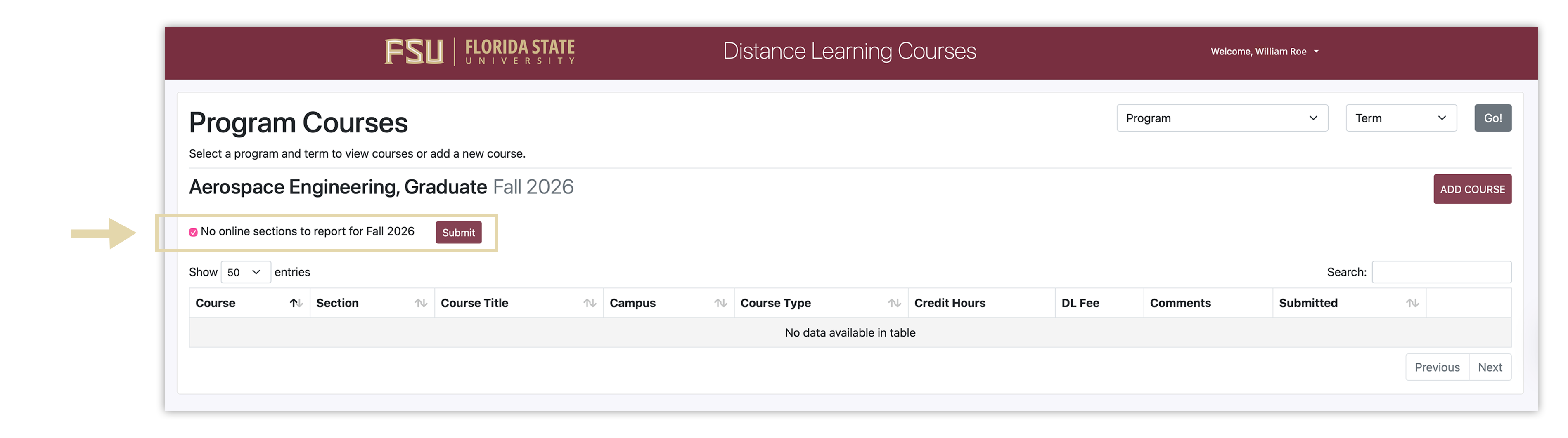 Screenshot of Program Courses page