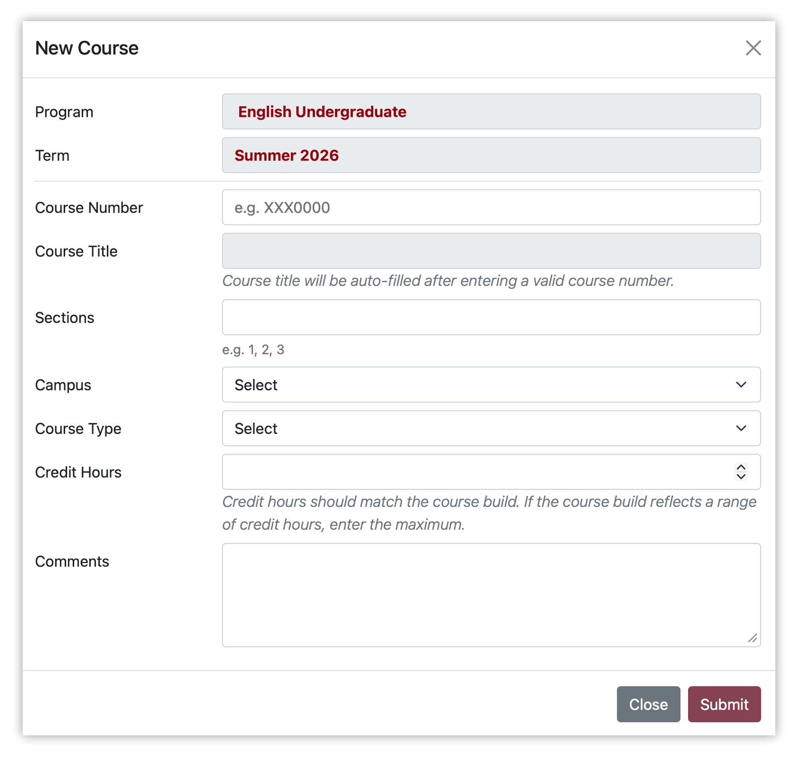 Screenshot of New Course Information menu