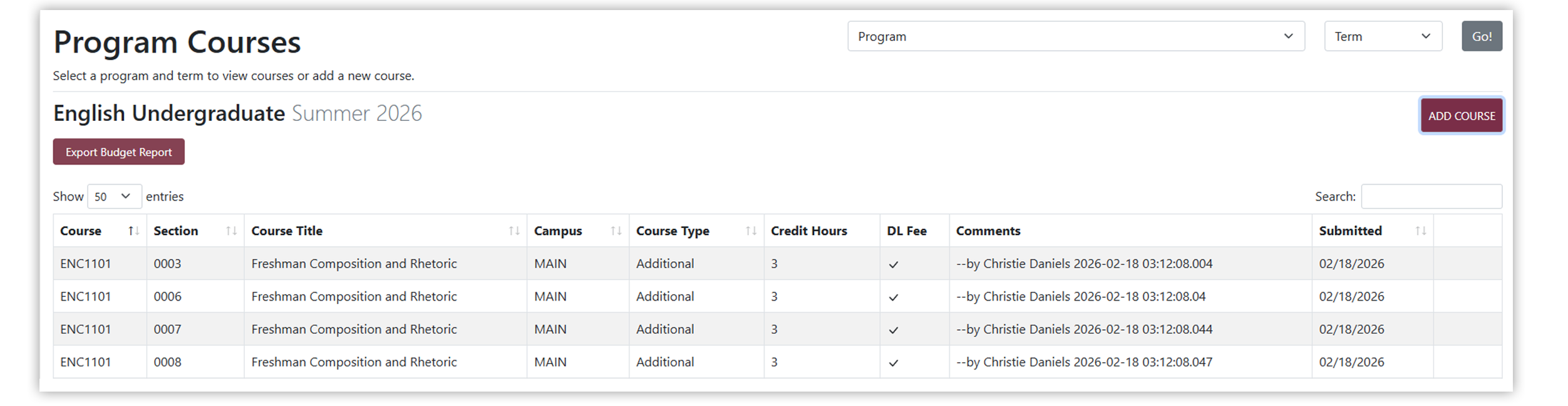 Screenshot of Program Courses page
