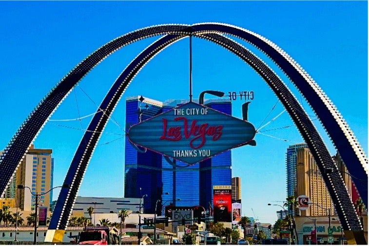 Image of Las Vegas skyline and a sign that reads The City of Las Vegas Thank You