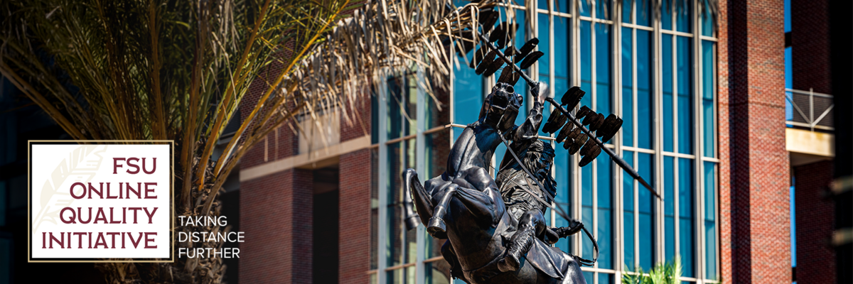 Photo of Chief Osceola statue with FSU Quality Initiative Logo in bottom left corner