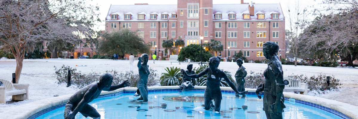 FSU Landis Hall and Fountain covered in snow