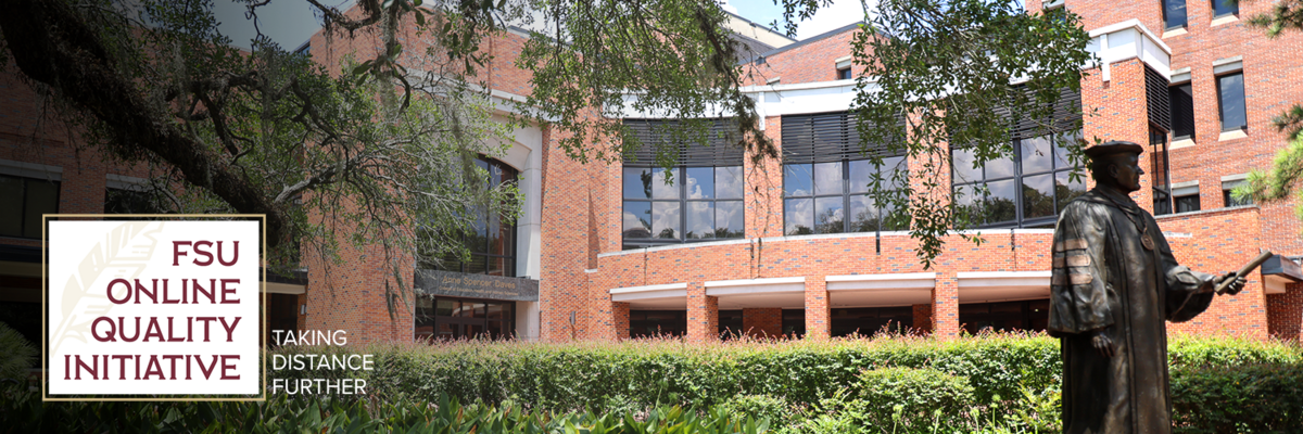 Exterior of FSU Anne's College building and the FSU QI logo in the bottom left corner