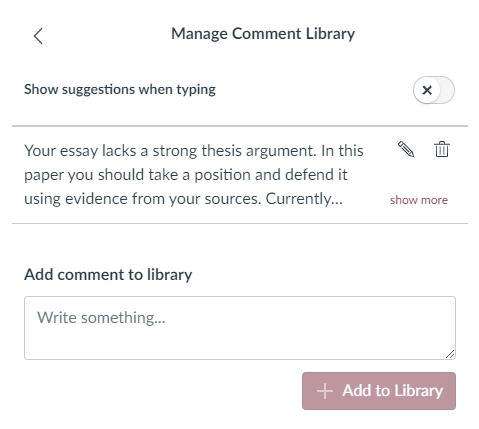 Screenshot of comment feeature in the Comment Library