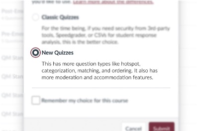 Image of new quizzes button in Canvas
